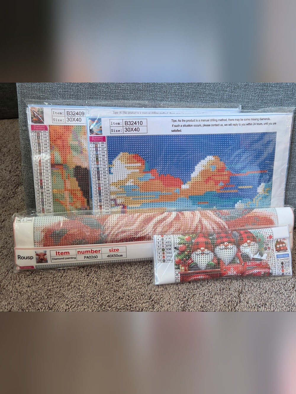 Bundle Of 4 Diamond Art Kits, NIP, Highland Cow, Gnomes, Butterfly, Beachwalk